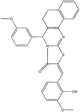 10-(2-hydroxy-3-methoxybenzylidene)-7-(3-methoxyphenyl)-5,7-dihydro-6H-benzo[h][1,3]thiazolo[2,3-b]quinazolin-9(10H)-one Struktur