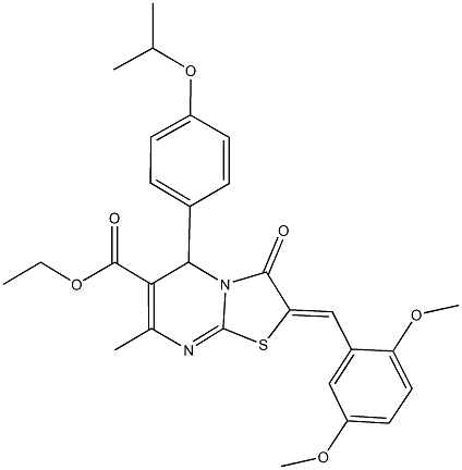 ethyl 2-(2,5-dimethoxybenzylidene)-5-(4-isopropoxyphenyl)-7-methyl-3-oxo-2,3-dihydro-5H-[1,3]thiazolo[3,2-a]pyrimidine-6-carboxylate Struktur