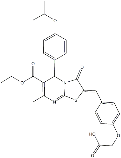 {4-[(6-(ethoxycarbonyl)-5-(4-isopropoxyphenyl)-7-methyl-3-oxo-5H-[1,3]thiazolo[3,2-a]pyrimidin-2(3H)-ylidene)methyl]phenoxy}acetic acid Struktur