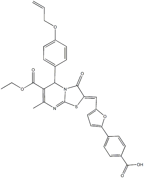 4-{5-[(5-[4-(allyloxy)phenyl]-6-(ethoxycarbonyl)-7-methyl-3-oxo-5H-[1,3]thiazolo[3,2-a]pyrimidin-2(3H)-ylidene)methyl]-2-furyl}benzoic acid Struktur