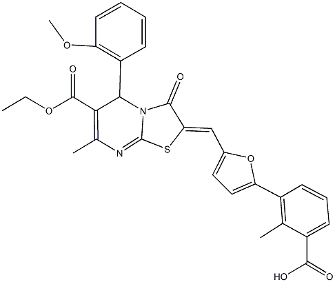 3-{5-[(6-(ethoxycarbonyl)-5-(2-methoxyphenyl)-7-methyl-3-oxo-5H-[1,3]thiazolo[3,2-a]pyrimidin-2(3H)-ylidene)methyl]-2-furyl}-2-methylbenzoic acid Struktur