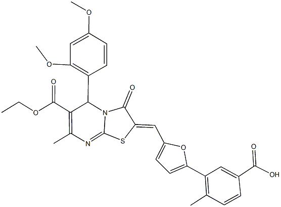 3-{5-[(5-(2,4-dimethoxyphenyl)-6-(ethoxycarbonyl)-7-methyl-3-oxo-5H-[1,3]thiazolo[3,2-a]pyrimidin-2(3H)-ylidene)methyl]-2-furyl}-4-methylbenzoic acid Struktur