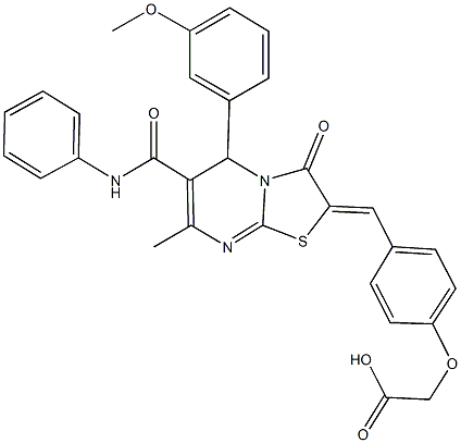 {4-[(6-(anilinocarbonyl)-5-(3-methoxyphenyl)-7-methyl-3-oxo-5H-[1,3]thiazolo[3,2-a]pyrimidin-2(3H)-ylidene)methyl]phenoxy}acetic acid Struktur