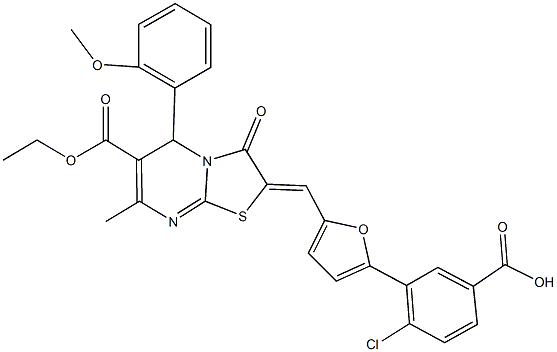 4-chloro-3-{5-[(6-(ethoxycarbonyl)-5-(2-methoxyphenyl)-7-methyl-3-oxo-5H-[1,3]thiazolo[3,2-a]pyrimidin-2(3H)-ylidene)methyl]-2-furyl}benzoic acid Struktur