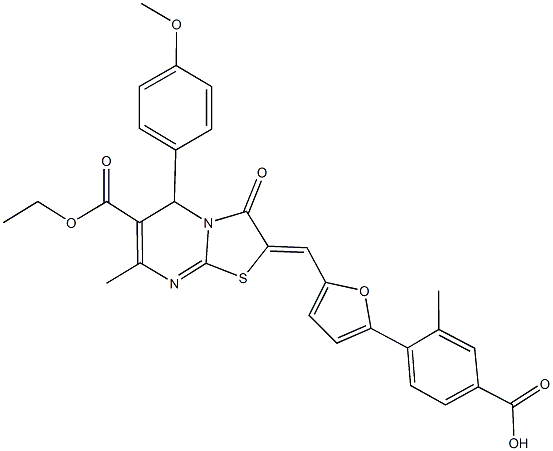 4-{5-[(6-(ethoxycarbonyl)-5-(4-methoxyphenyl)-7-methyl-3-oxo-5H-[1,3]thiazolo[3,2-a]pyrimidin-2(3H)-ylidene)methyl]-2-furyl}-3-methylbenzoic acid Struktur