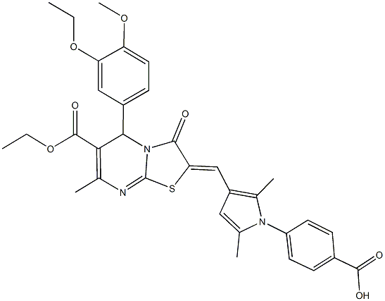 4-{3-[(6-(ethoxycarbonyl)-5-(3-ethoxy-4-methoxyphenyl)-7-methyl-3-oxo-5H-[1,3]thiazolo[3,2-a]pyrimidin-2(3H)-ylidene)methyl]-2,5-dimethyl-1H-pyrrol-1-yl}benzoic acid Struktur