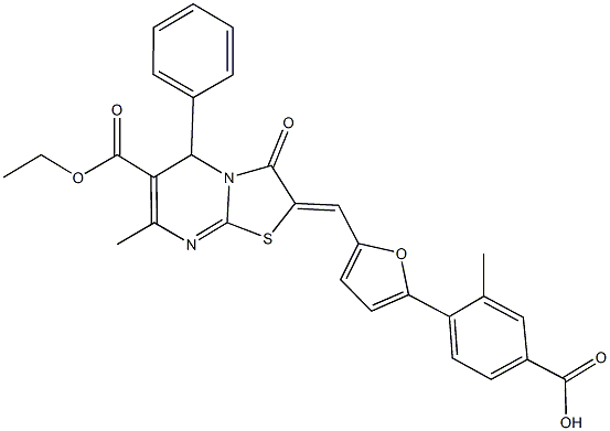 4-{5-[(6-(ethoxycarbonyl)-7-methyl-3-oxo-5-phenyl-5H-[1,3]thiazolo[3,2-a]pyrimidin-2(3H)-ylidene)methyl]-2-furyl}-3-methylbenzoic acid Struktur