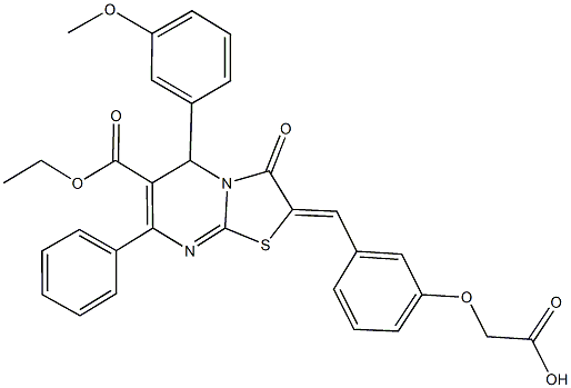 {3-[(6-(ethoxycarbonyl)-5-(3-methoxyphenyl)-3-oxo-7-phenyl-5H-[1,3]thiazolo[3,2-a]pyrimidin-2(3H)-ylidene)methyl]phenoxy}acetic acid Struktur