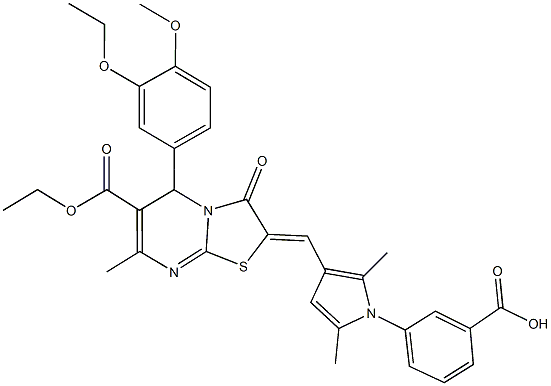 3-{3-[(6-(ethoxycarbonyl)-5-(3-ethoxy-4-methoxyphenyl)-7-methyl-3-oxo-5H-[1,3]thiazolo[3,2-a]pyrimidin-2(3H)-ylidene)methyl]-2,5-dimethyl-1H-pyrrol-1-yl}benzoic acid Struktur