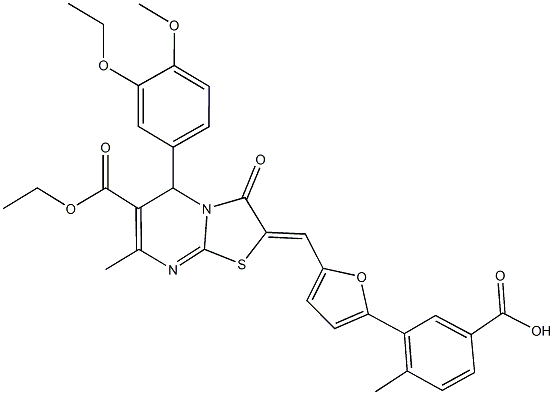 3-{5-[(6-(ethoxycarbonyl)-5-(3-ethoxy-4-methoxyphenyl)-7-methyl-3-oxo-5H-[1,3]thiazolo[3,2-a]pyrimidin-2(3H)-ylidene)methyl]-2-furyl}-4-methylbenzoic acid Struktur