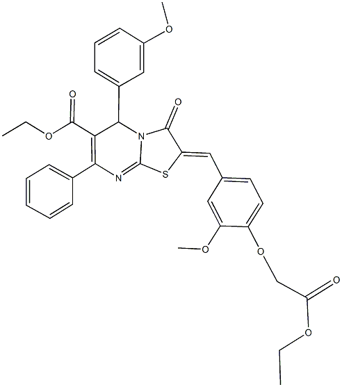 ethyl 2-[4-(2-ethoxy-2-oxoethoxy)-3-methoxybenzylidene]-5-(3-methoxyphenyl)-3-oxo-7-phenyl-2,3-dihydro-5H-[1,3]thiazolo[3,2-a]pyrimidine-6-carboxylate Struktur