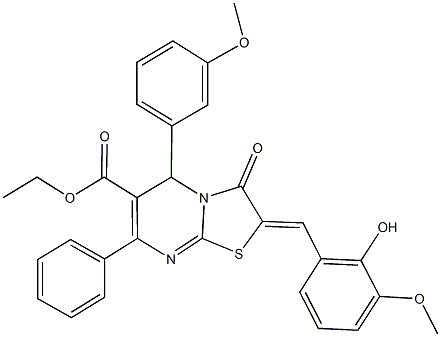 ethyl 2-(2-hydroxy-3-methoxybenzylidene)-5-(3-methoxyphenyl)-3-oxo-7-phenyl-2,3-dihydro-5H-[1,3]thiazolo[3,2-a]pyrimidine-6-carboxylate Struktur