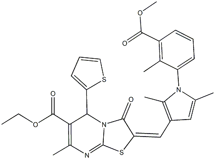 ethyl 2-({1-[3-(methoxycarbonyl)-2-methylphenyl]-2,5-dimethyl-1H-pyrrol-3-yl}methylene)-7-methyl-3-oxo-5-(2-thienyl)-2,3-dihydro-5H-[1,3]thiazolo[3,2-a]pyrimidine-6-carboxylate Struktur