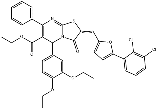 ethyl 2-{[5-(2,3-dichlorophenyl)-2-furyl]methylene}-5-(3,4-diethoxyphenyl)-3-oxo-7-phenyl-2,3-dihydro-5H-[1,3]thiazolo[3,2-a]pyrimidine-6-carboxylate Struktur