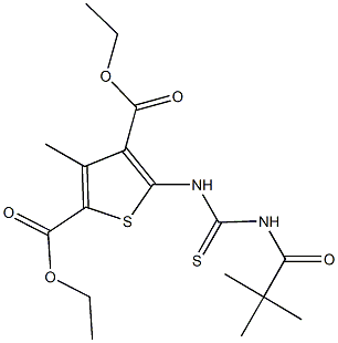 diethyl 5-({[(2,2-dimethylpropanoyl)amino]carbothioyl}amino)-3-methyl-2,4-thiophenedicarboxylate Struktur