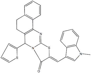 10-[(1-methyl-1H-indol-3-yl)methylene]-7-(2-thienyl)-5,7-dihydro-6H-benzo[h][1,3]thiazolo[2,3-b]quinazolin-9(10H)-one Struktur