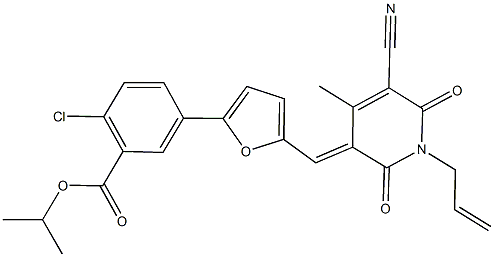 isopropyl 5-{5-[(1-allyl-5-cyano-4-methyl-2,6-dioxo-1,6-dihydro-3(2H)-pyridinylidene)methyl]-2-furyl}-2-chlorobenzoate Struktur