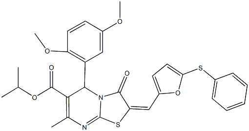 isopropyl 5-(2,5-dimethoxyphenyl)-7-methyl-3-oxo-2-{[5-(phenylsulfanyl)-2-furyl]methylene}-2,3-dihydro-5H-[1,3]thiazolo[3,2-a]pyrimidine-6-carboxylate Struktur