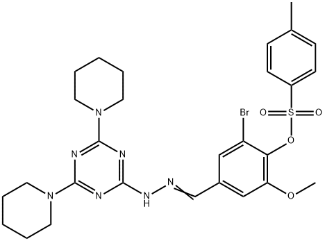 2-bromo-4-{2-[4,6-di(1-piperidinyl)-1,3,5-triazin-2-yl]carbohydrazonoyl}-6-methoxyphenyl 4-methylbenzenesulfonate Struktur