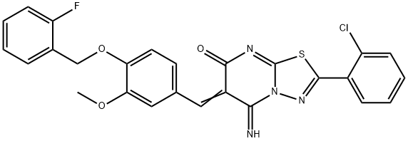 2-(2-chlorophenyl)-6-{4-[(2-fluorobenzyl)oxy]-3-methoxybenzylidene}-5-imino-5,6-dihydro-7H-[1,3,4]thiadiazolo[3,2-a]pyrimidin-7-one Struktur