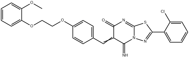 2-(2-chlorophenyl)-5-imino-6-{4-[2-(2-methoxyphenoxy)ethoxy]benzylidene}-5,6-dihydro-7H-[1,3,4]thiadiazolo[3,2-a]pyrimidin-7-one Struktur