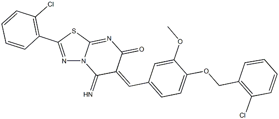 6-{4-[(2-chlorobenzyl)oxy]-3-methoxybenzylidene}-2-(2-chlorophenyl)-5-imino-5,6-dihydro-7H-[1,3,4]thiadiazolo[3,2-a]pyrimidin-7-one Struktur