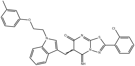 2-(2-chlorophenyl)-5-imino-6-({1-[2-(3-methylphenoxy)ethyl]-1H-indol-3-yl}methylene)-5,6-dihydro-7H-[1,3,4]thiadiazolo[3,2-a]pyrimidin-7-one Struktur