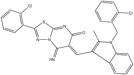 6-{[1-(2-chlorobenzyl)-2-methyl-1H-indol-3-yl]methylene}-2-(2-chlorophenyl)-5-imino-5,6-dihydro-7H-[1,3,4]thiadiazolo[3,2-a]pyrimidin-7-one Struktur