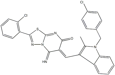 6-{[1-(4-chlorobenzyl)-2-methyl-1H-indol-3-yl]methylene}-2-(2-chlorophenyl)-5-imino-5,6-dihydro-7H-[1,3,4]thiadiazolo[3,2-a]pyrimidin-7-one Struktur