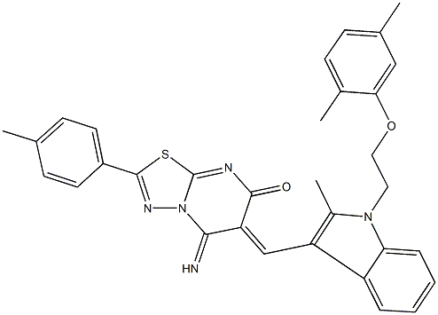 6-({1-[2-(2,5-dimethylphenoxy)ethyl]-2-methyl-1H-indol-3-yl}methylene)-5-imino-2-(4-methylphenyl)-5,6-dihydro-7H-[1,3,4]thiadiazolo[3,2-a]pyrimidin-7-one Struktur