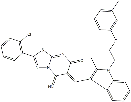 2-(2-chlorophenyl)-5-imino-6-({2-methyl-1-[2-(3-methylphenoxy)ethyl]-1H-indol-3-yl}methylene)-5,6-dihydro-7H-[1,3,4]thiadiazolo[3,2-a]pyrimidin-7-one Struktur