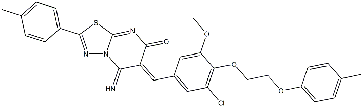 6-{3-chloro-5-methoxy-4-[2-(4-methylphenoxy)ethoxy]benzylidene}-5-imino-2-(4-methylphenyl)-5,6-dihydro-7H-[1,3,4]thiadiazolo[3,2-a]pyrimidin-7-one Struktur