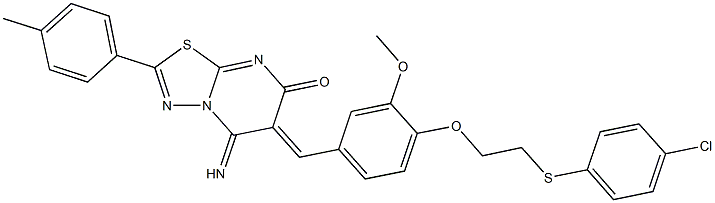 6-(4-{2-[(4-chlorophenyl)sulfanyl]ethoxy}-3-methoxybenzylidene)-5-imino-2-(4-methylphenyl)-5,6-dihydro-7H-[1,3,4]thiadiazolo[3,2-a]pyrimidin-7-one Struktur