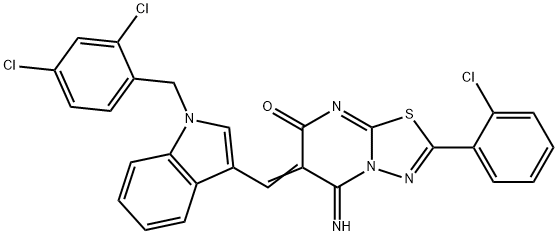 2-(2-chlorophenyl)-6-{[1-(2,4-dichlorobenzyl)-1H-indol-3-yl]methylene}-5-imino-5,6-dihydro-7H-[1,3,4]thiadiazolo[3,2-a]pyrimidin-7-one Struktur