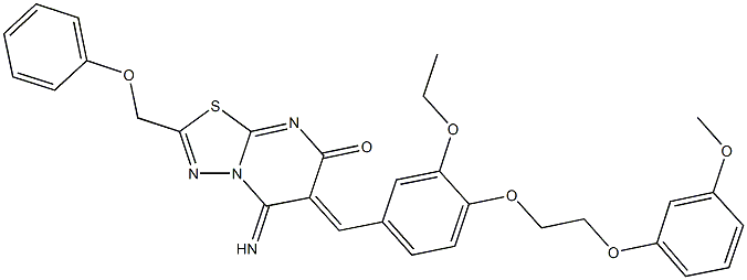 6-{3-ethoxy-4-[2-(3-methoxyphenoxy)ethoxy]benzylidene}-5-imino-2-(phenoxymethyl)-5,6-dihydro-7H-[1,3,4]thiadiazolo[3,2-a]pyrimidin-7-one Struktur