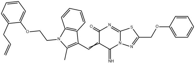 6-({1-[2-(2-allylphenoxy)ethyl]-2-methyl-1H-indol-3-yl}methylene)-5-imino-2-(phenoxymethyl)-5,6-dihydro-7H-[1,3,4]thiadiazolo[3,2-a]pyrimidin-7-one Struktur