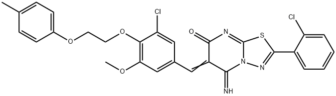 6-{3-chloro-5-methoxy-4-[2-(4-methylphenoxy)ethoxy]benzylidene}-2-(2-chlorophenyl)-5-imino-5,6-dihydro-7H-[1,3,4]thiadiazolo[3,2-a]pyrimidin-7-one Struktur