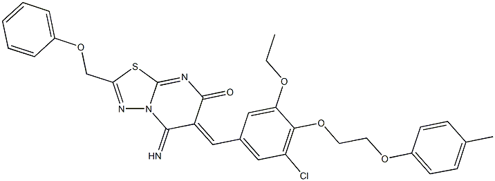 6-{3-chloro-5-ethoxy-4-[2-(4-methylphenoxy)ethoxy]benzylidene}-5-imino-2-(phenoxymethyl)-5,6-dihydro-7H-[1,3,4]thiadiazolo[3,2-a]pyrimidin-7-one Struktur