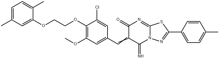 6-{3-chloro-4-[2-(2,5-dimethylphenoxy)ethoxy]-5-methoxybenzylidene}-5-imino-2-(4-methylphenyl)-5,6-dihydro-7H-[1,3,4]thiadiazolo[3,2-a]pyrimidin-7-one Struktur