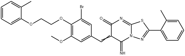 6-{3-bromo-5-methoxy-4-[2-(2-methylphenoxy)ethoxy]benzylidene}-5-imino-2-(2-methylphenyl)-5,6-dihydro-7H-[1,3,4]thiadiazolo[3,2-a]pyrimidin-7-one Struktur