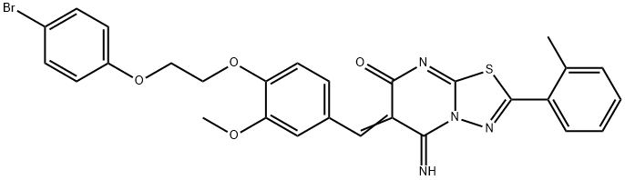 6-{4-[2-(4-bromophenoxy)ethoxy]-3-methoxybenzylidene}-5-imino-2-(2-methylphenyl)-5,6-dihydro-7H-[1,3,4]thiadiazolo[3,2-a]pyrimidin-7-one Struktur