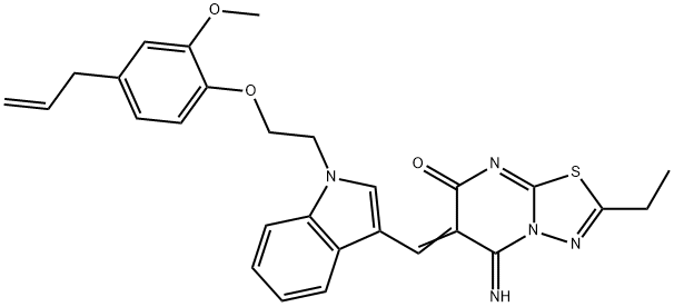 6-({1-[2-(4-allyl-2-methoxyphenoxy)ethyl]-1H-indol-3-yl}methylene)-2-ethyl-5-imino-5,6-dihydro-7H-[1,3,4]thiadiazolo[3,2-a]pyrimidin-7-one Struktur