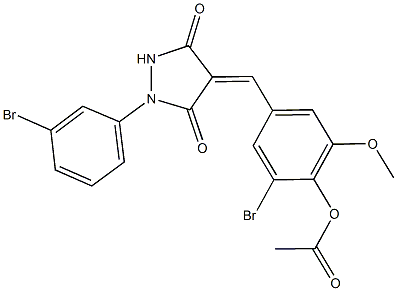 2-bromo-4-{[1-(3-bromophenyl)-3,5-dioxo-4-pyrazolidinylidene]methyl}-6-methoxyphenyl acetate Struktur