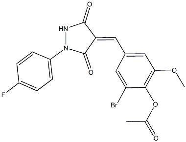 2-bromo-4-{[1-(4-fluorophenyl)-3,5-dioxo-4-pyrazolidinylidene]methyl}-6-methoxyphenyl acetate Struktur