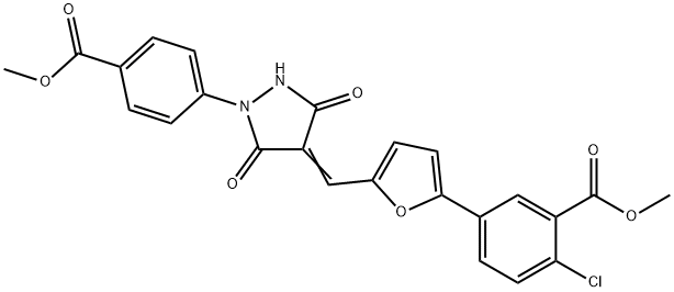 methyl 2-chloro-5-[5-({1-[4-(methoxycarbonyl)phenyl]-3,5-dioxo-4-pyrazolidinylidene}methyl)-2-furyl]benzoate Struktur