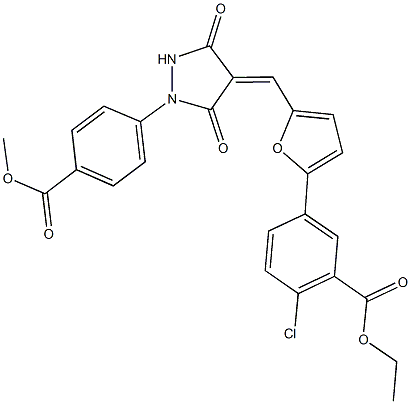 ethyl 2-chloro-5-[5-({1-[4-(methoxycarbonyl)phenyl]-3,5-dioxo-4-pyrazolidinylidene}methyl)-2-furyl]benzoate Struktur