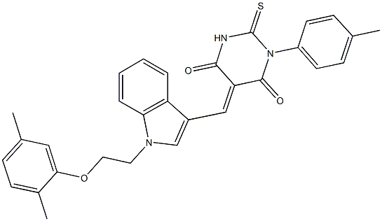 5-({1-[2-(2,5-dimethylphenoxy)ethyl]-1H-indol-3-yl}methylene)-1-(4-methylphenyl)-2-thioxodihydro-4,6(1H,5H)-pyrimidinedione Struktur