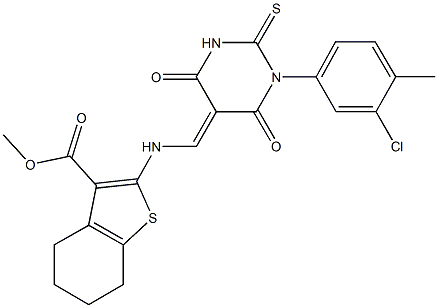 methyl 2-{[(1-(3-chloro-4-methylphenyl)-4,6-dioxo-2-thioxotetrahydro-5(2H)-pyrimidinylidene)methyl]amino}-4,5,6,7-tetrahydro-1-benzothiophene-3-carboxylate Struktur