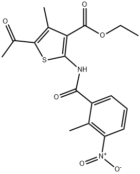 ethyl 5-acetyl-2-({3-nitro-2-methylbenzoyl}amino)-4-methyl-3-thiophenecarboxylate Struktur