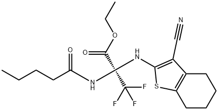 ethyl 2-[(3-cyano-4,5,6,7-tetrahydro-1-benzothien-2-yl)amino]-3,3,3-trifluoro-2-(pentanoylamino)propanoate Struktur